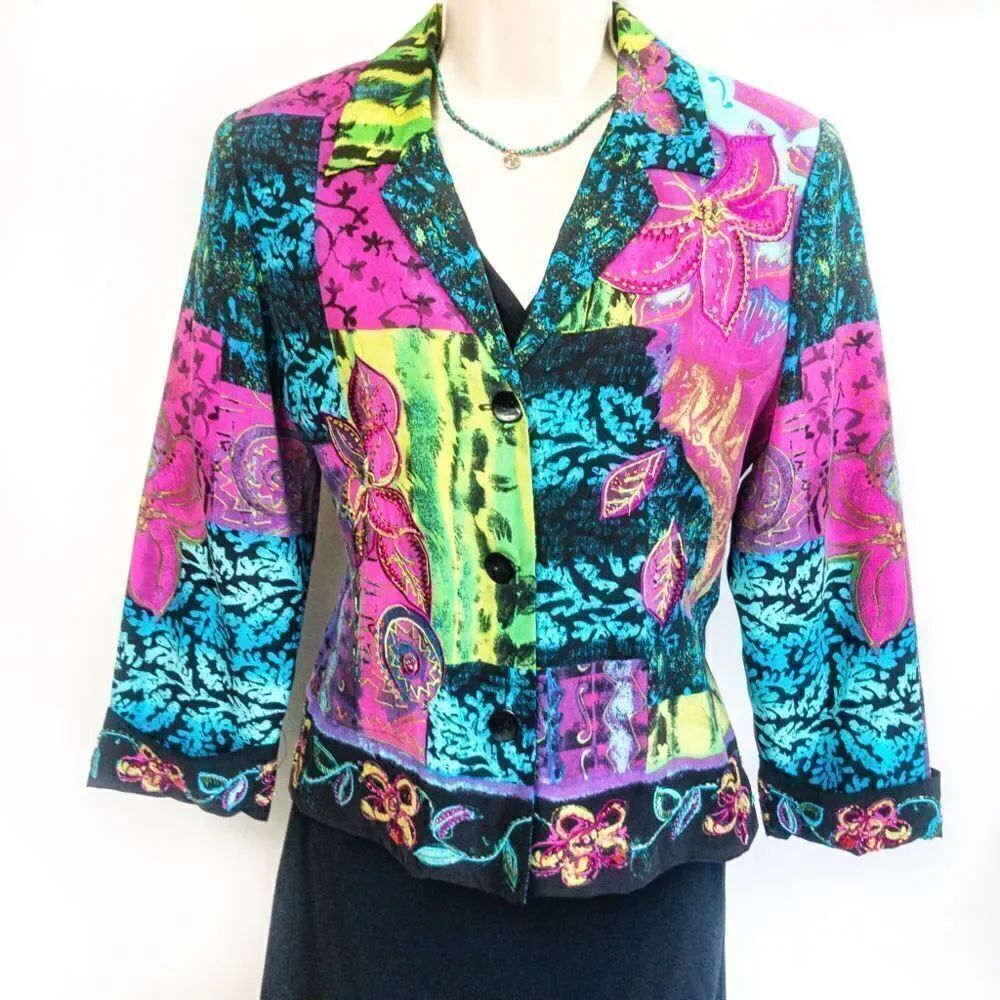 Vintage Batik Silk Embellished Jacket Nancy Bolen City Girl Sz S